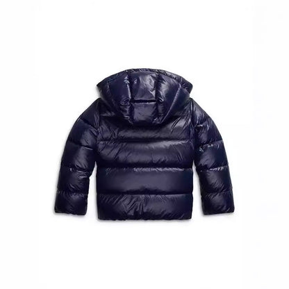 Back view of the glossy navy puffer jacket with its hood attached, showing horizontal quilted panels across the back. 2