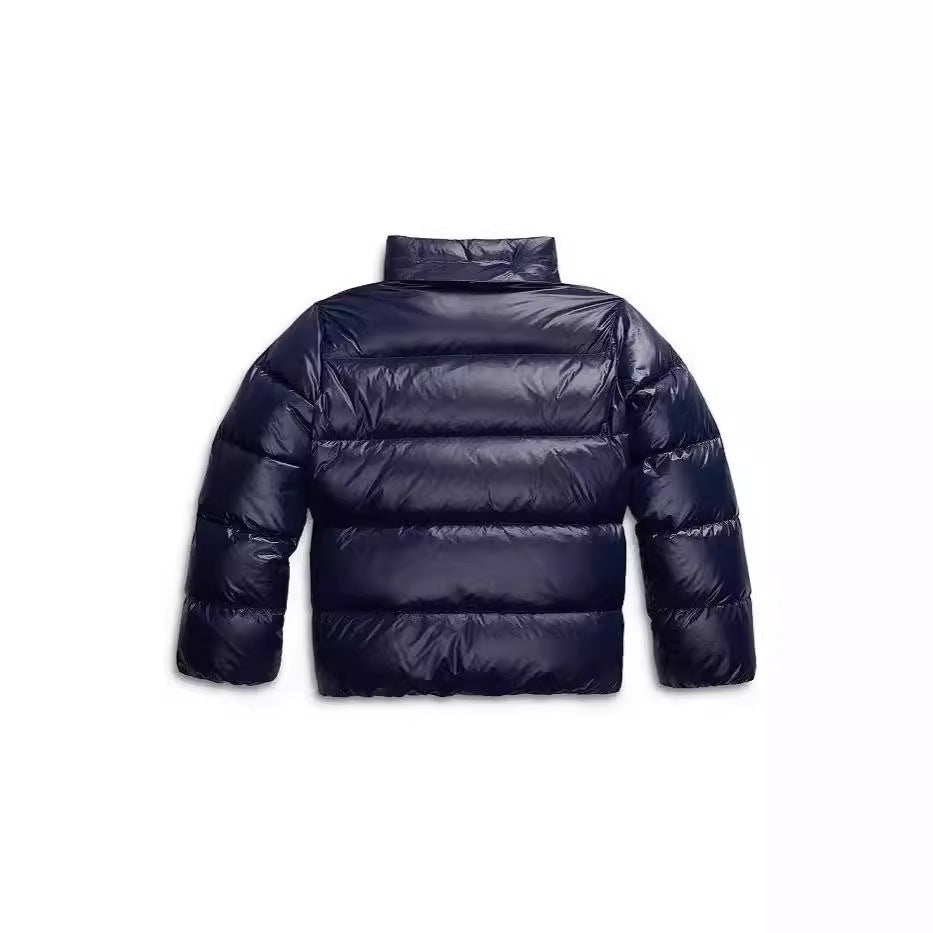 Back view of the navy puffer jacket with the hood removed, showing the high stand-up collar and quilted back panels. 3