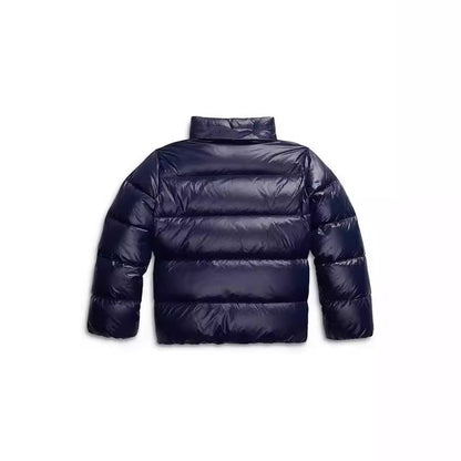 Back view of the navy puffer jacket with the hood removed, showing the high stand-up collar and quilted back panels. 3