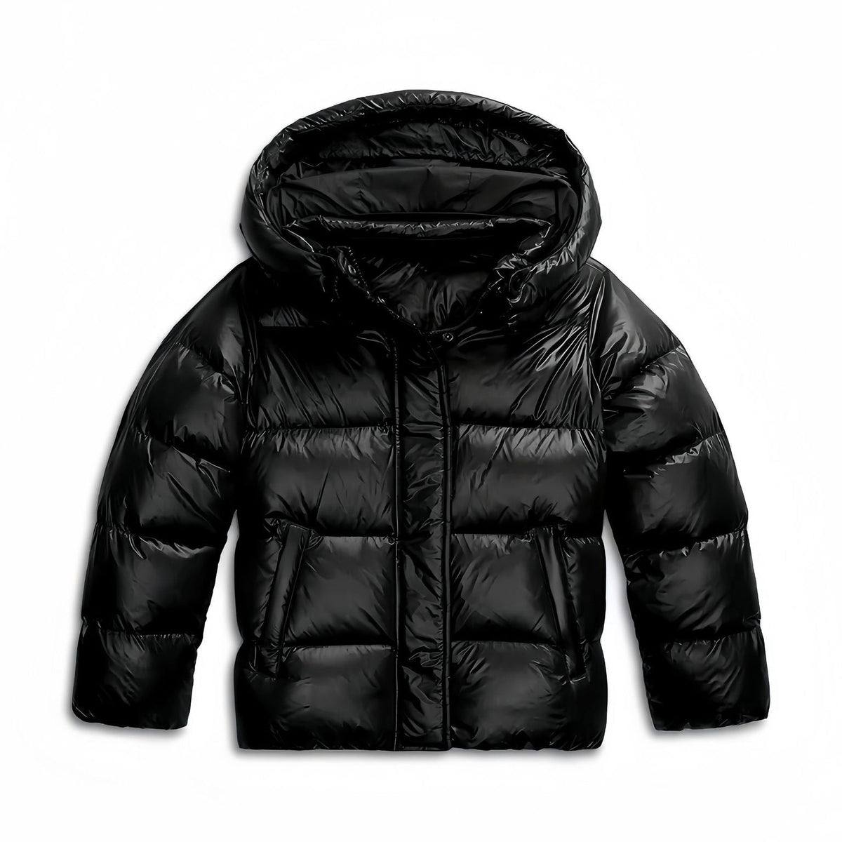 Front view of the glossy black quilted puffer jacket with hood, hidden front fastening and slanted pockets on a white background. 4