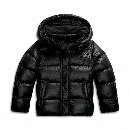 Front view of the glossy black quilted puffer jacket with hood, hidden front fastening and slanted pockets on a white background. 4