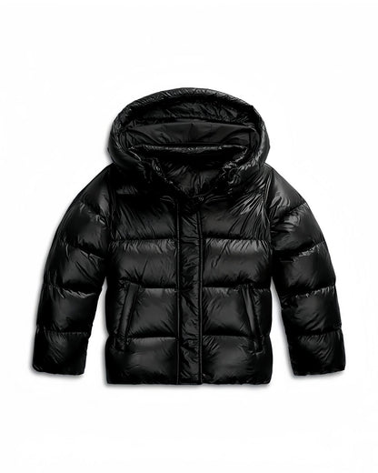 Second front view of the shiny black puffer jacket, hood up, showing the horizontal quilting and pockets from a slightly different crop. 5