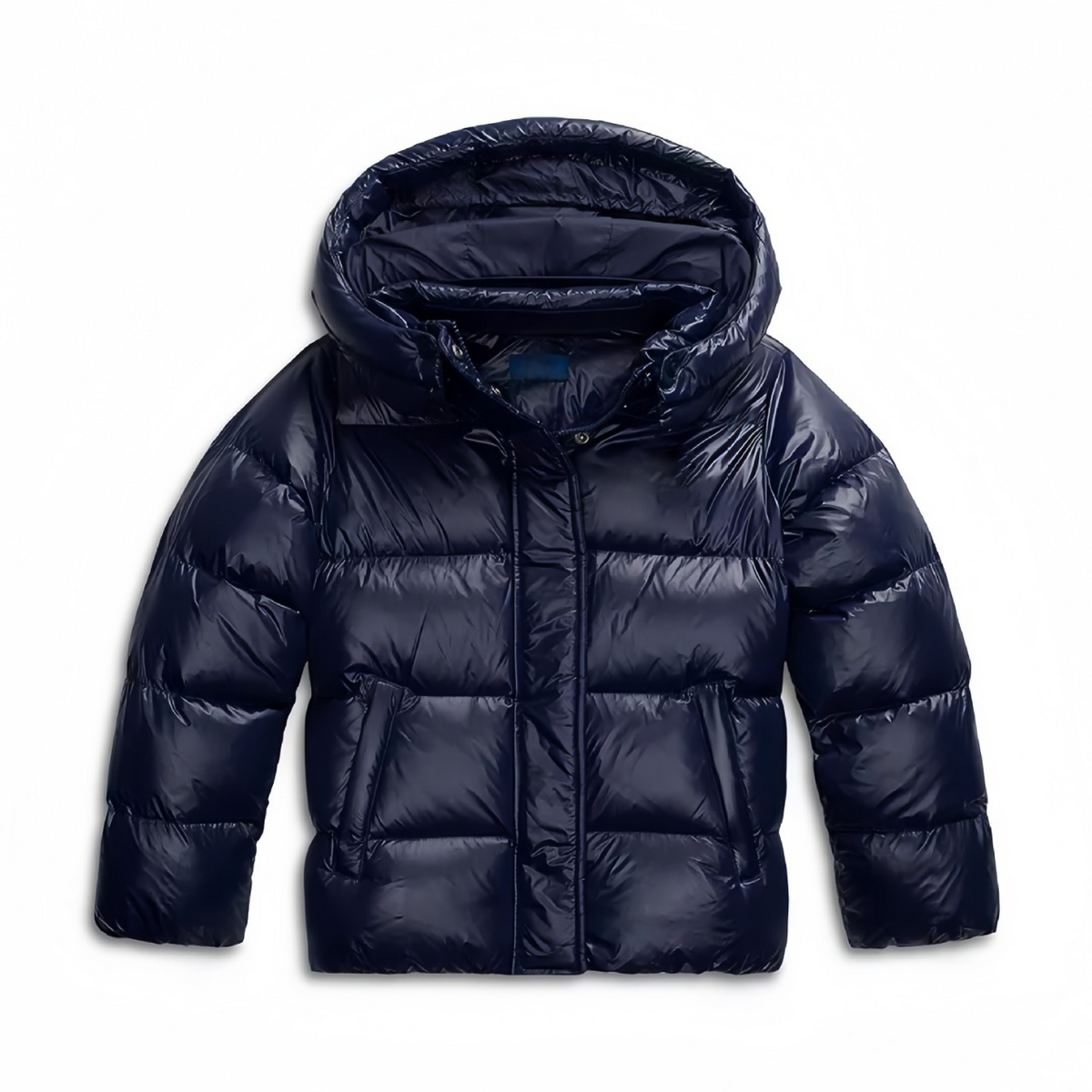 Front view of a glossy navy quilted puffer jacket with hood up, concealed front fastening and two slanted pockets. 1