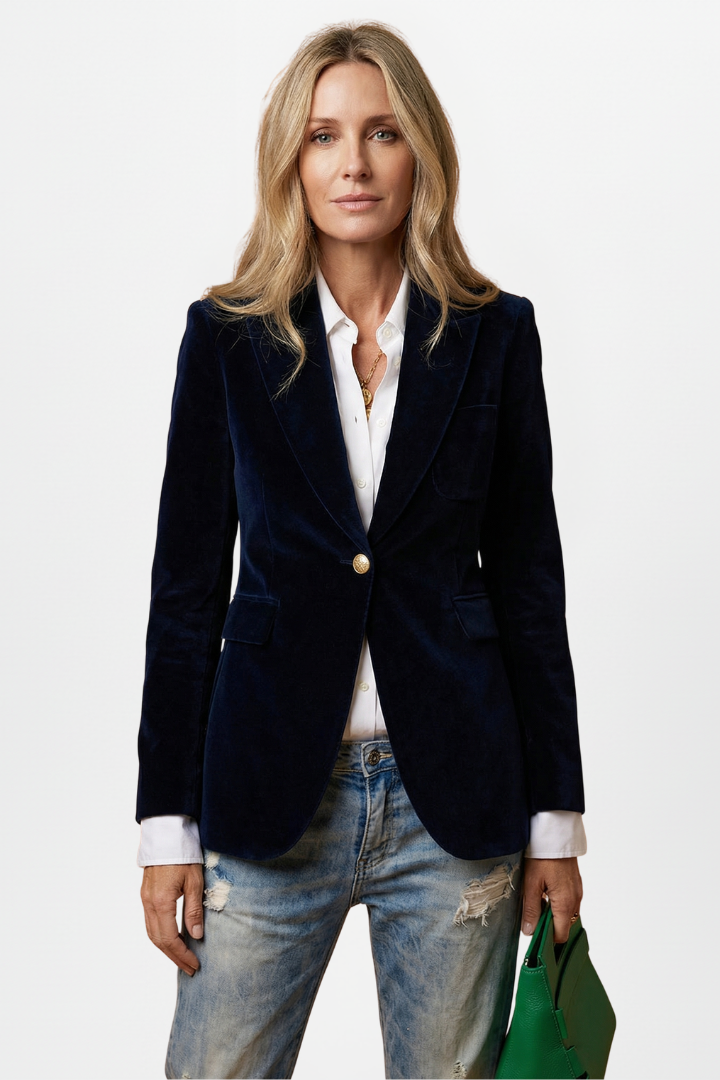 Model wears the navy velvet blazer from the front over a white shirt and distressed jeans 2