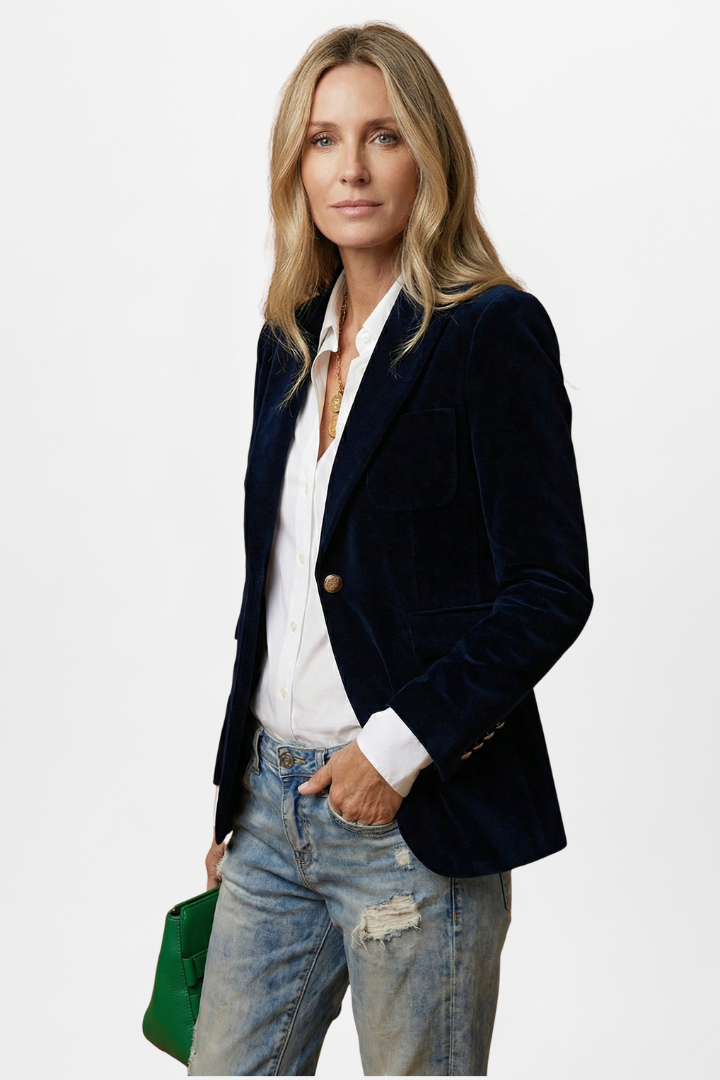 Three-quarter view of the navy velvet blazer on a model, one hand in her jeans pocket 3