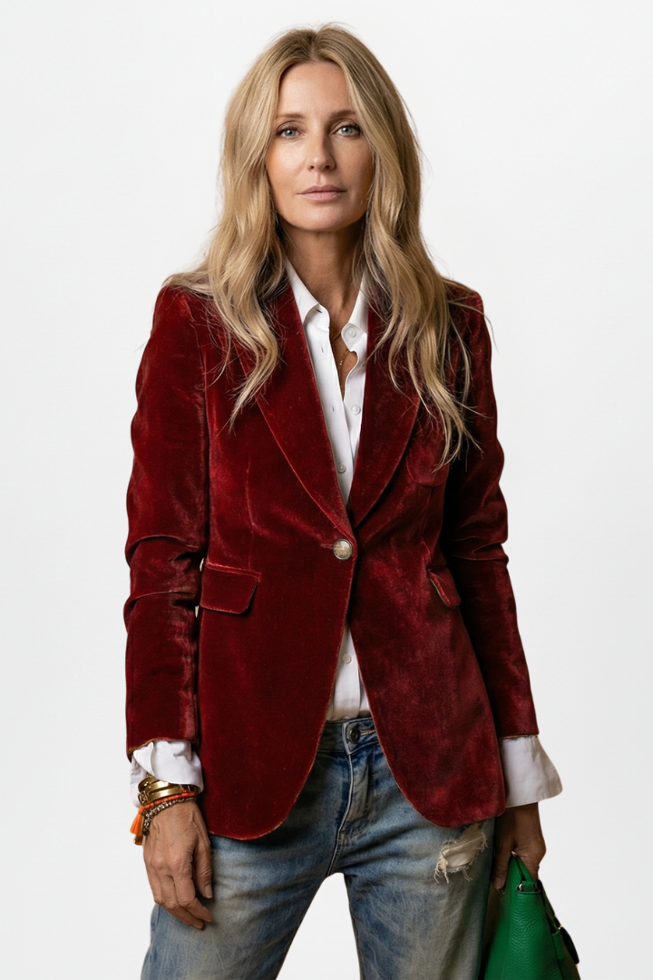 The blazer in deep red velvet, worn by a model with a white shirt and jeans 7