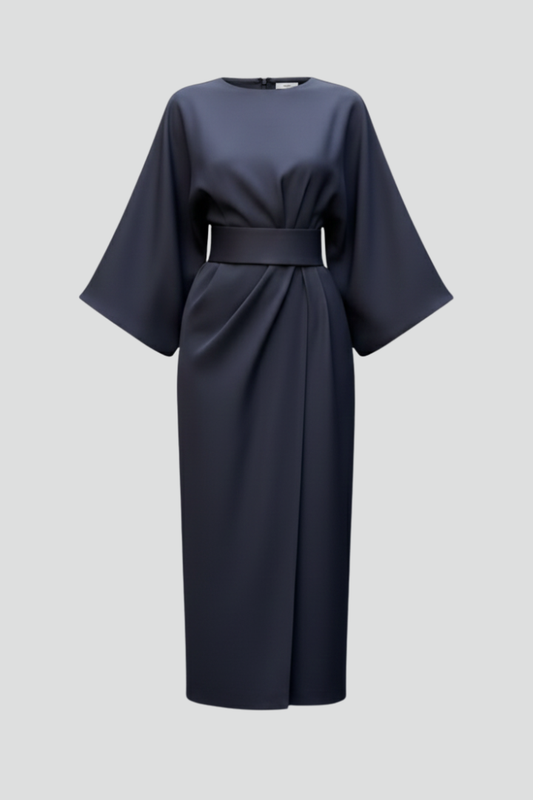 Navy midi dress on a plain grey background, showing wide sleeves, gathered waist and wrap skirt 1