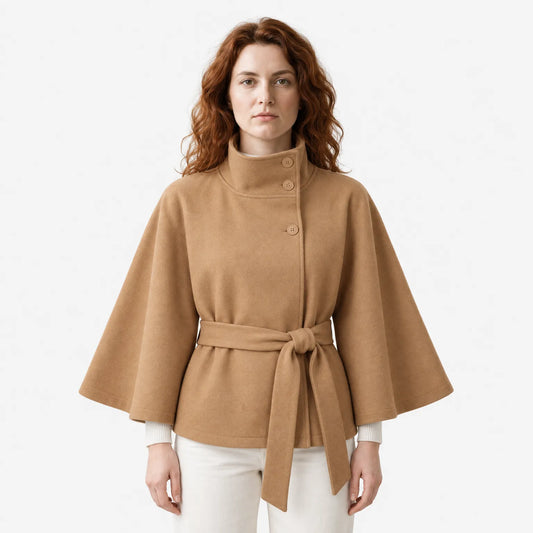 Women's Belted Wool-Blend Cape Jacket - High-Collar Winter Layer