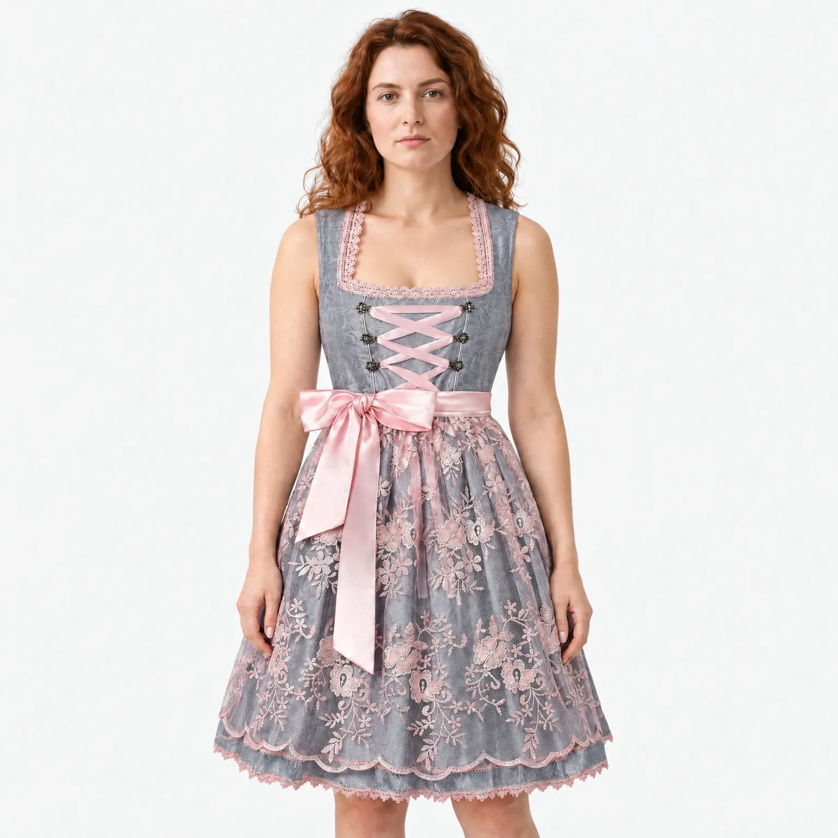 Women's Dirndl Dress with Lace Overskirt, Lace-Up Front & Eyelets