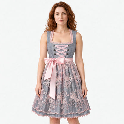 Women's Dirndl Dress with Lace Overskirt, Lace-Up Front & Eyelets