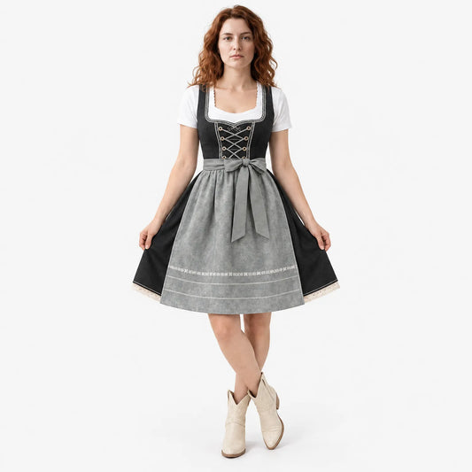 Women's Dirndl Midi Dress with Lace-Up Bodice