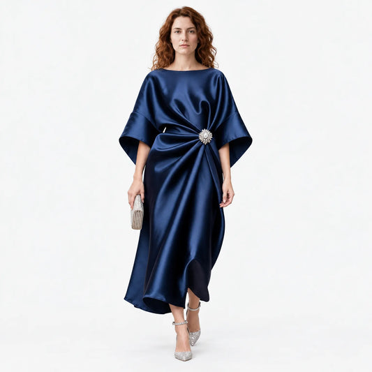 Women's Draped Brooch Maxi Dress – Cape Sleeve Gown for Formal Events