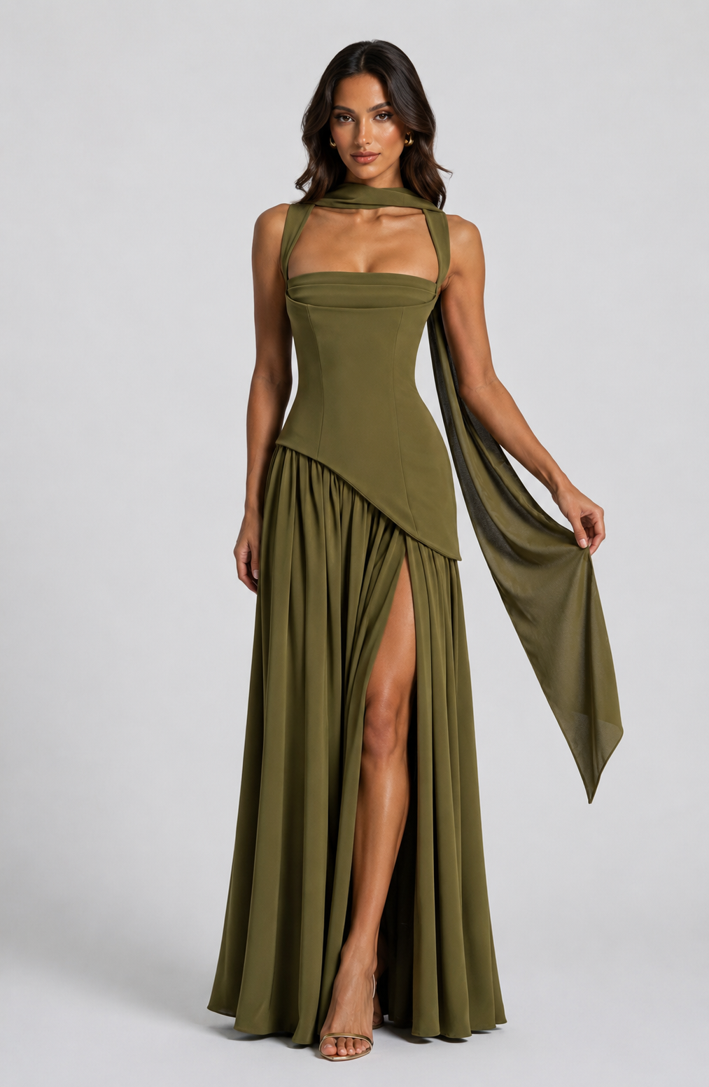 Olive green version with the scarf wrapped at the neck and draped over one arm, held out to show its sheer, flowing fabric. 7