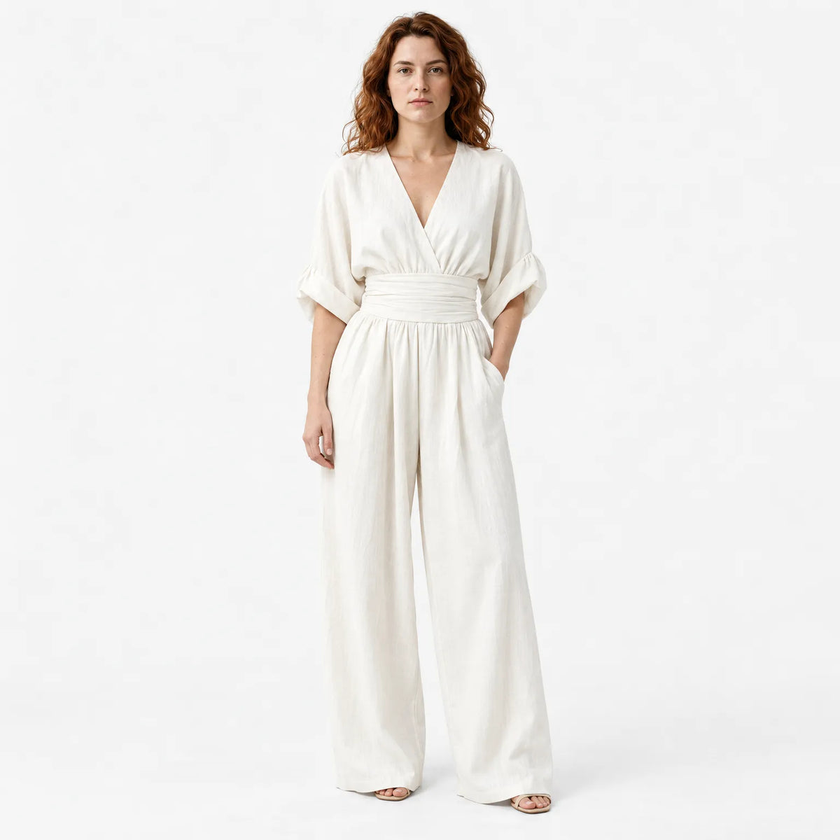 Women's Elegant V-Neck Jumpsuit with High-Waist Wide-Leg Trousers