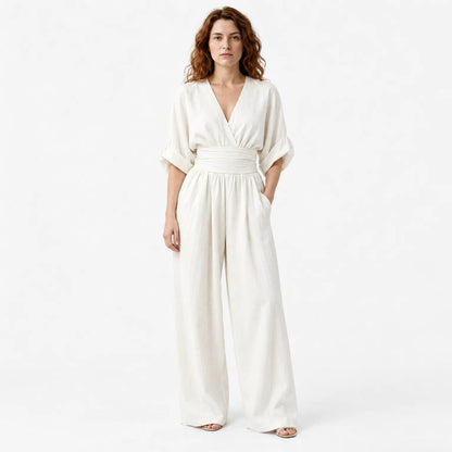 Women's Elegant V-Neck Jumpsuit with High-Waist Wide-Leg Trousers