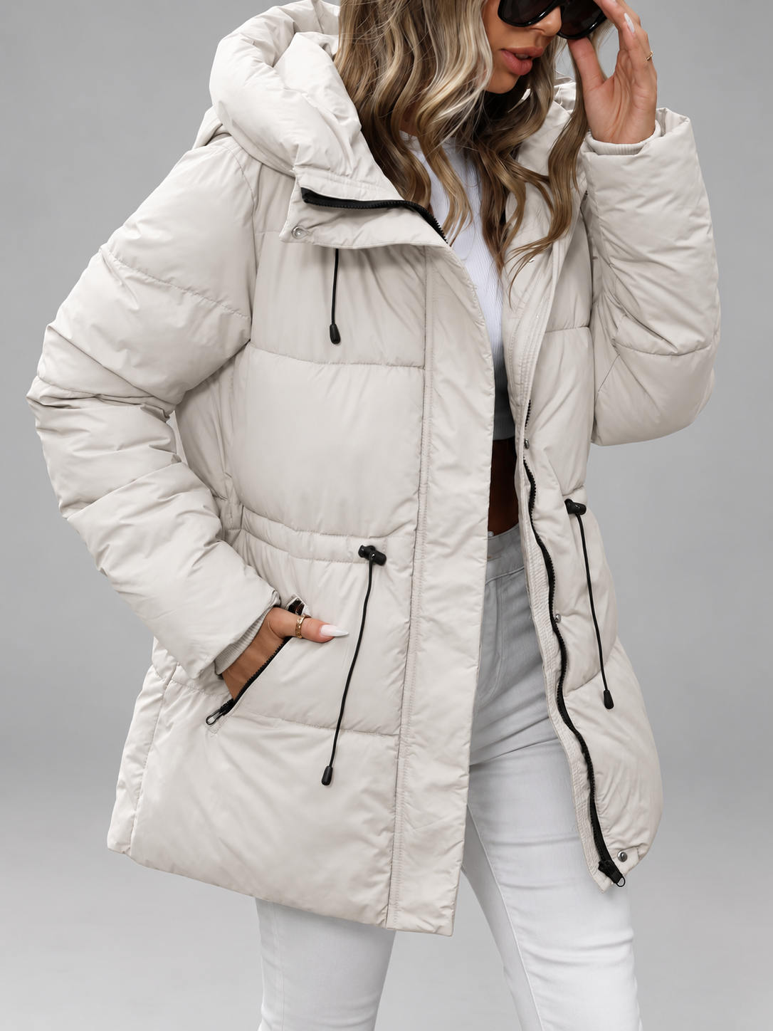 Cream padded coat worn open, showing the black zip, drawstring waist and hand in the pocket 8