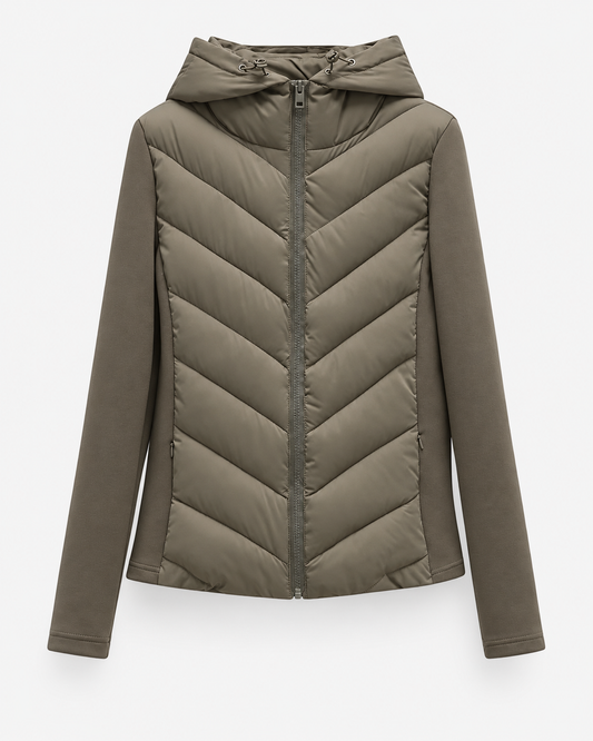 Front view of the khaki-green hooded jacket with chevron-quilted body, smooth stretch sleeves, centre zip and drawcord hood. 1
