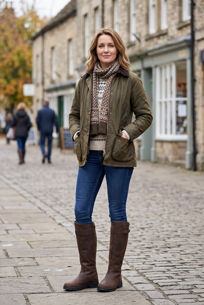 Woman wearing the brown leather boots with skinny jeans, a waxed olive jacket and patterned scarf on a cobbled street 2