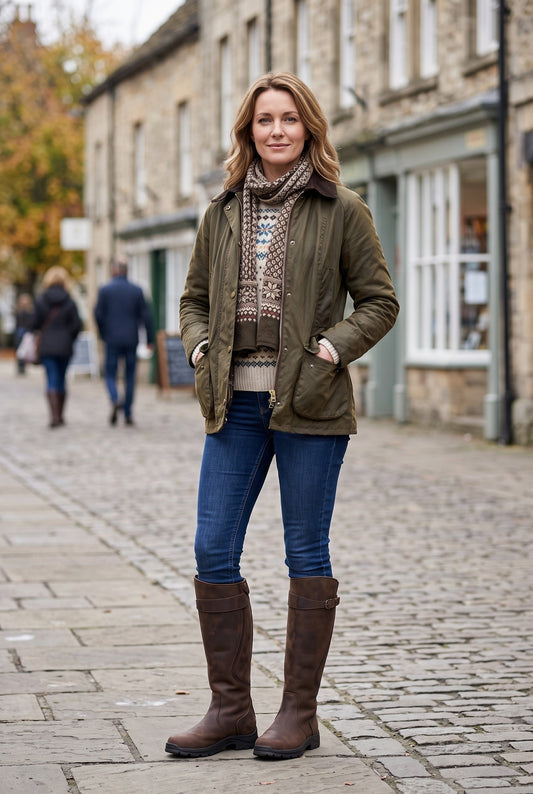Woman wearing the brown leather boots with skinny jeans, a waxed olive jacket and patterned scarf on a cobbled street 2