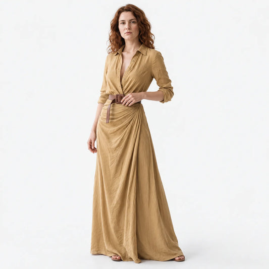 Women's Lapel Single Breasted Belted Long Sleeve Maxi Dress