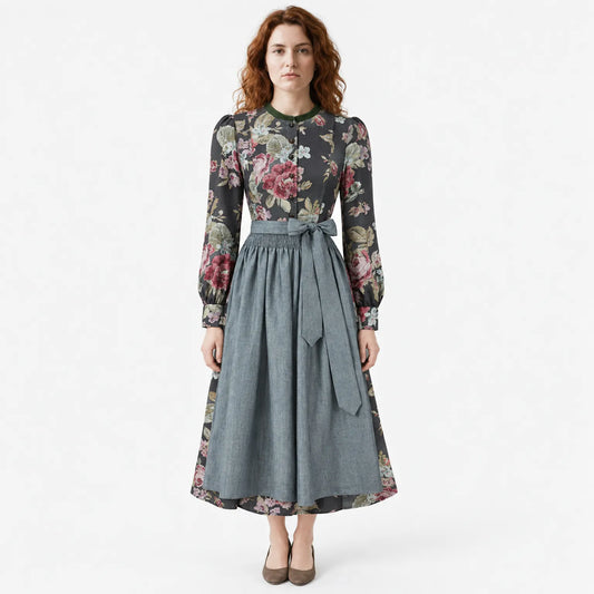 Women's Long Vintage Floral Dirndl Dress with Apron, Premium Fabric