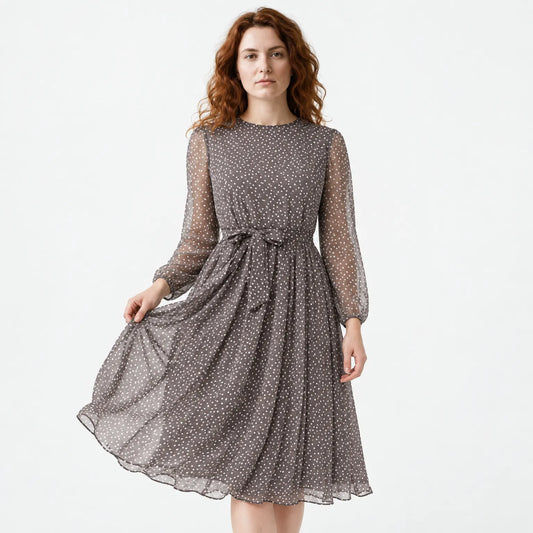 Women's Loose Polka Dot Dress Knee Length A Line Long Sleeve Casual