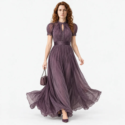 Women's Maxi Dress with Lace Trim and Gathered Waist for Occasions
