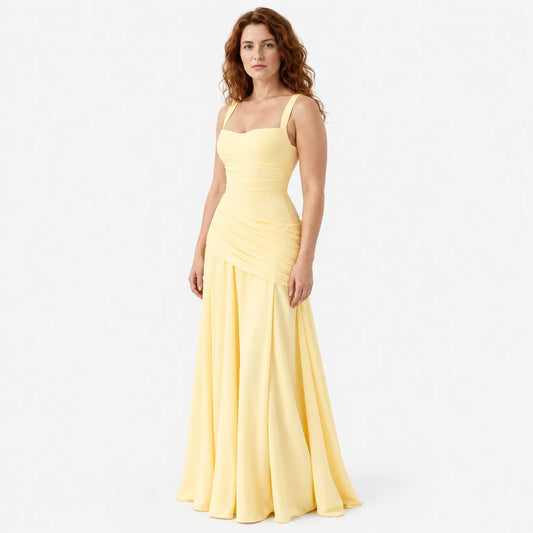 Women's Maxi Dress with Square Neck, Gathered Waist & Back Lace-Up