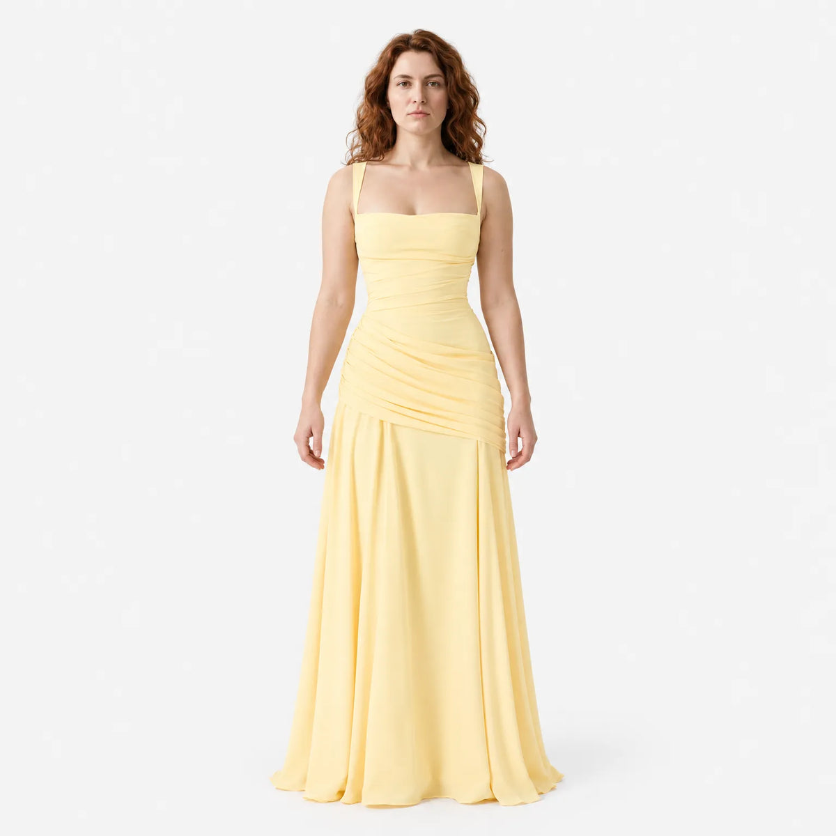 Women's Maxi Dress with Square Neckline and Side Draping
