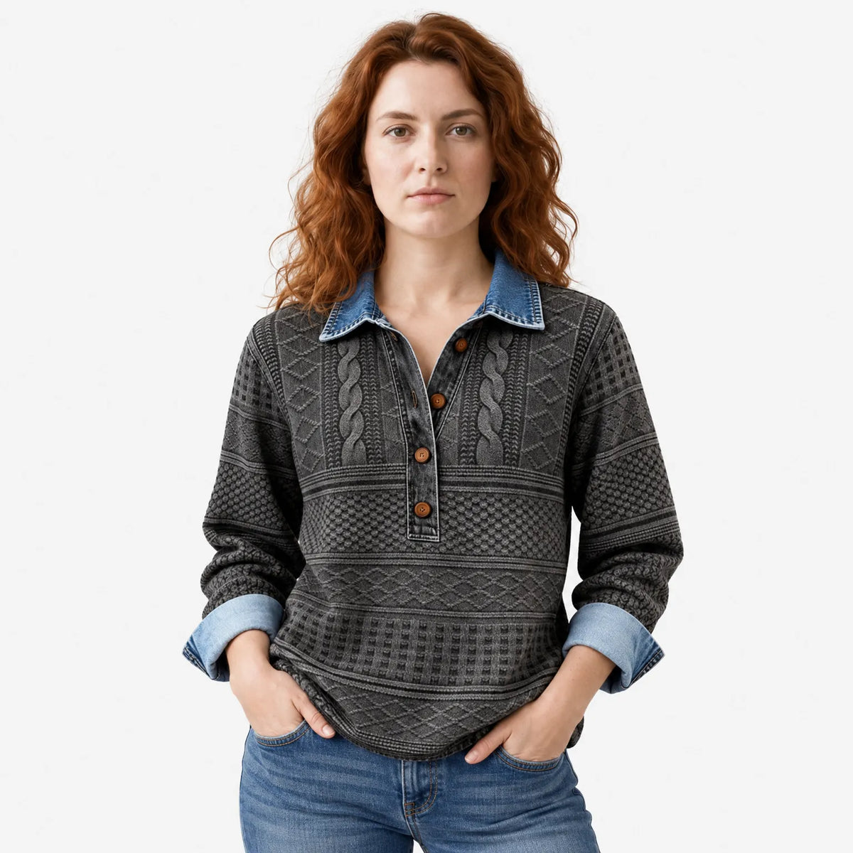 Women's Patterned Sweatshirt with Shirt Collar and Button Front