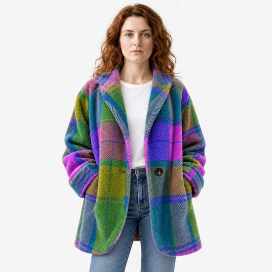 Women's Plaid Coat with Soft Texture and Pockets