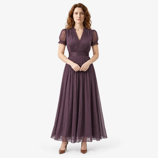 Women's Pleated Waist Maxi Dress with Sheer Sleeves