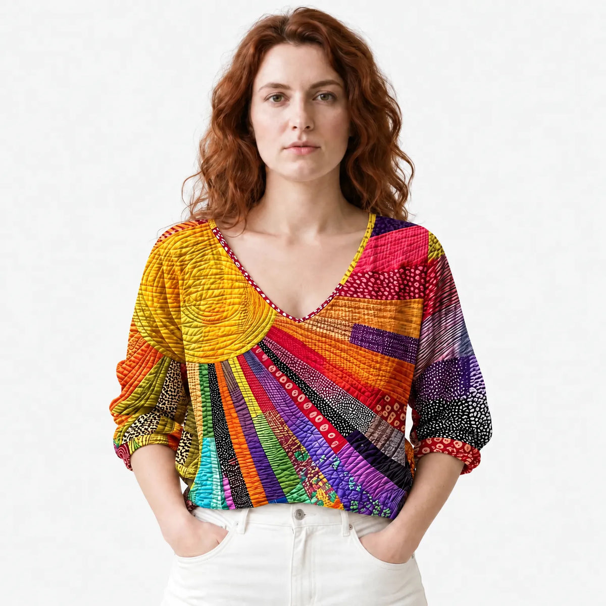 Women's Retro Patchwork Blouse with V-Neck