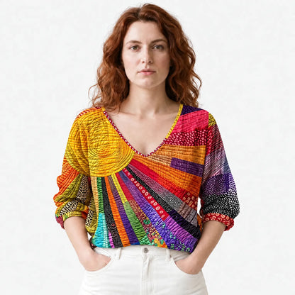 Women's Retro Patchwork Blouse with V-Neck