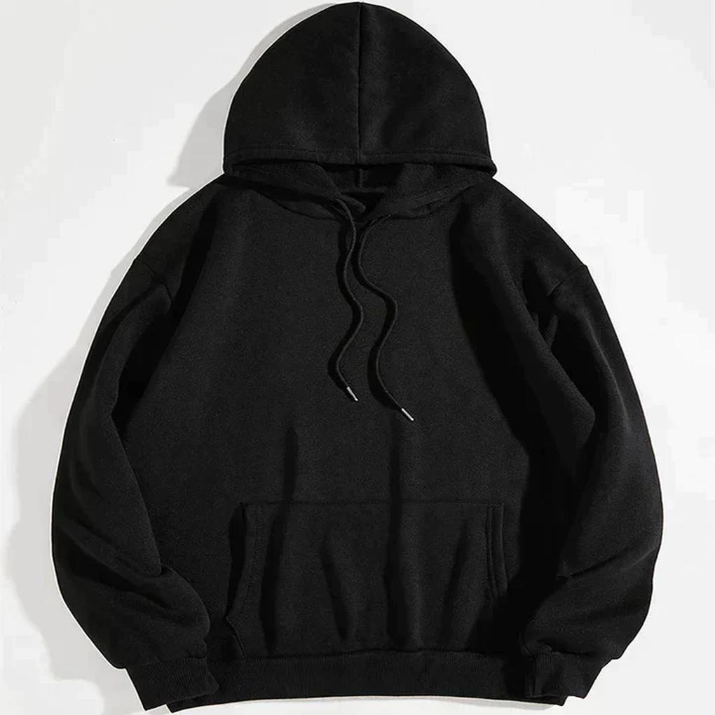 Front of a plain black hoodie laid flat, showing the drawstring hood, large kangaroo pocket and ribbed cuffs and hem. 5