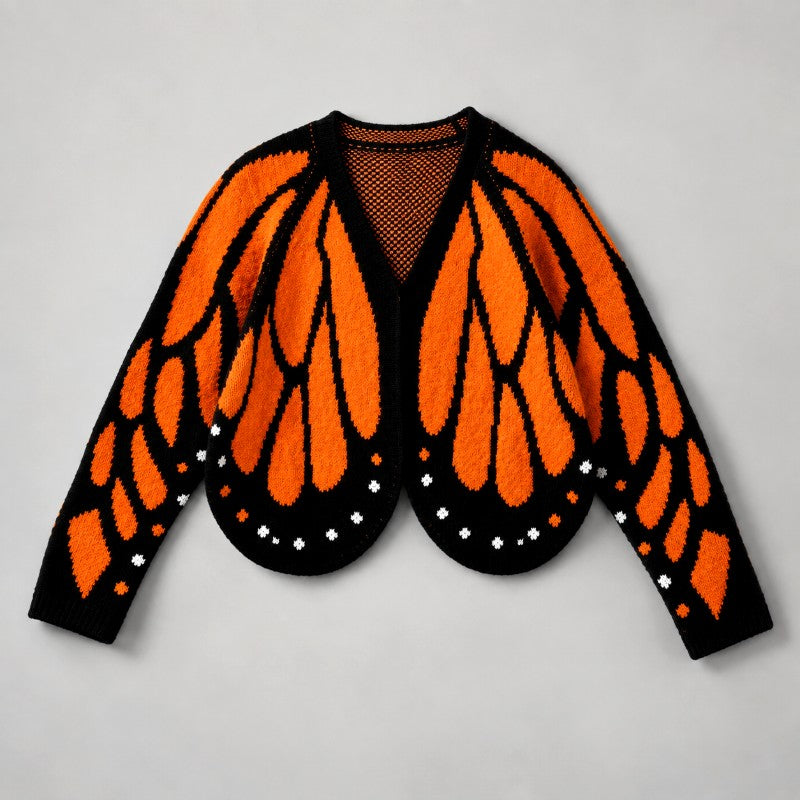 Flat lay of the cardigan in orange and black, resembling monarch butterfly wings with white dots 2