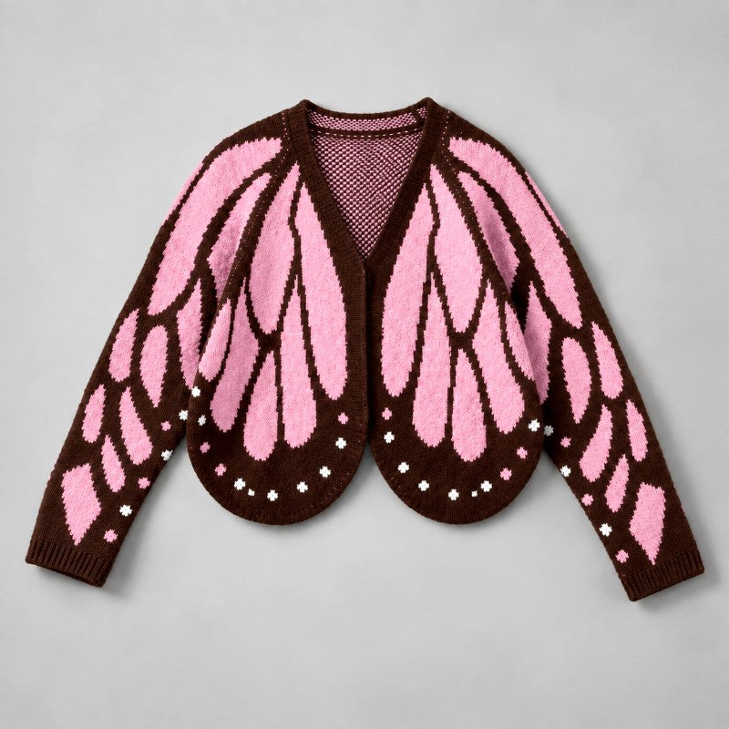 Flat lay of the cardigan in pink and dark brown, with ribbed cuffs and white dotted hem 3