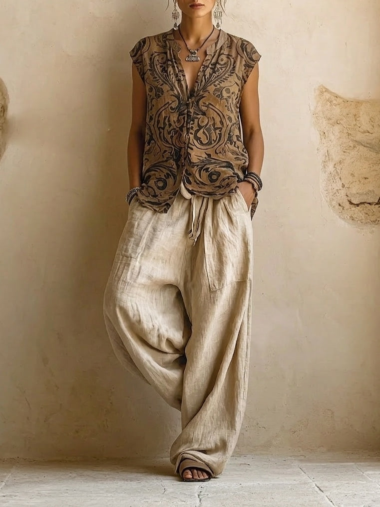 Model wearing only the brown paisley-print sleeveless top and loose drawstring beige linen trousers, seen from the front 2