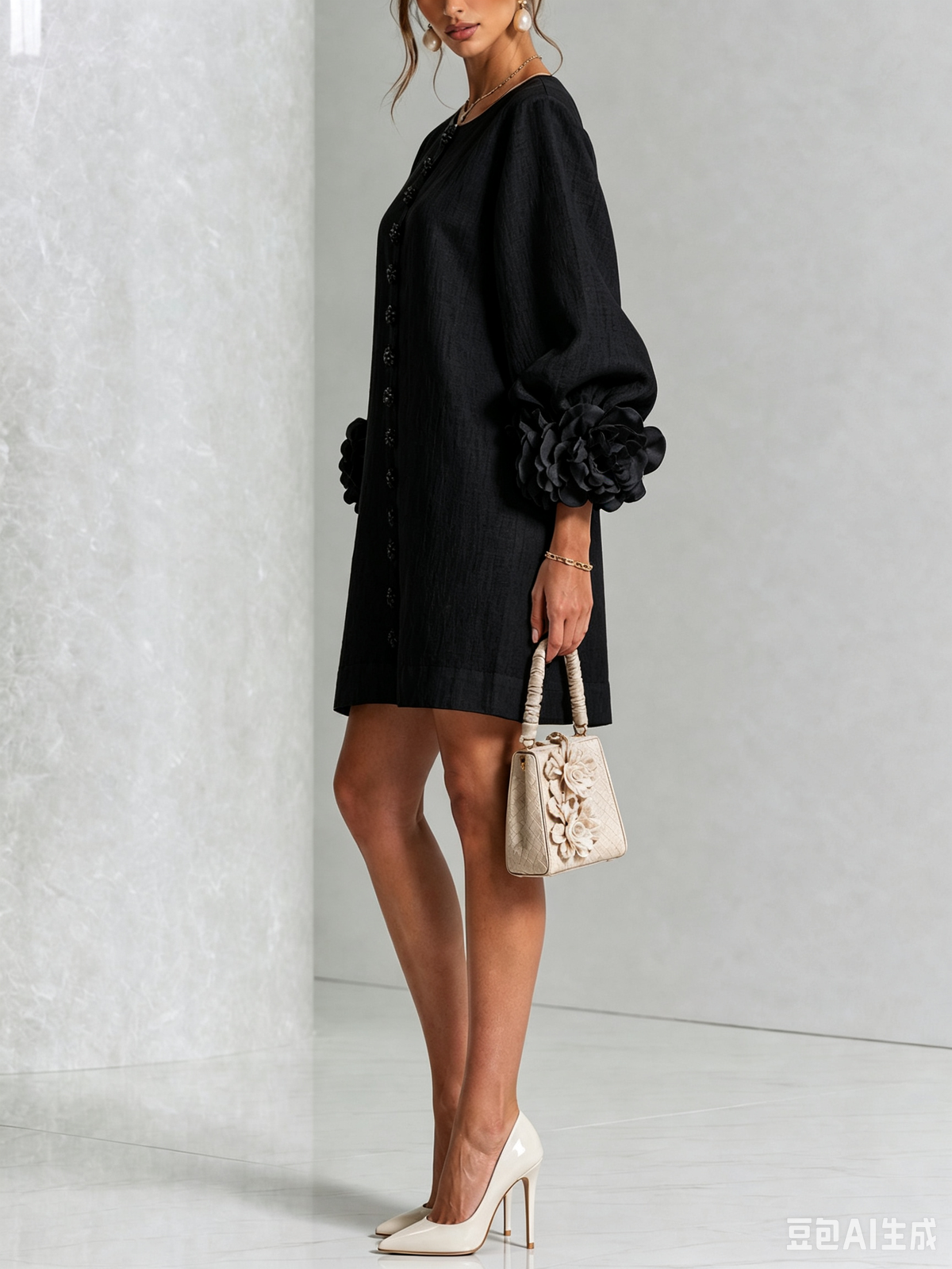 Side view of the black dress on a model, showing the puffed sleeve with an oversized floral cuff and cream pumps. 16