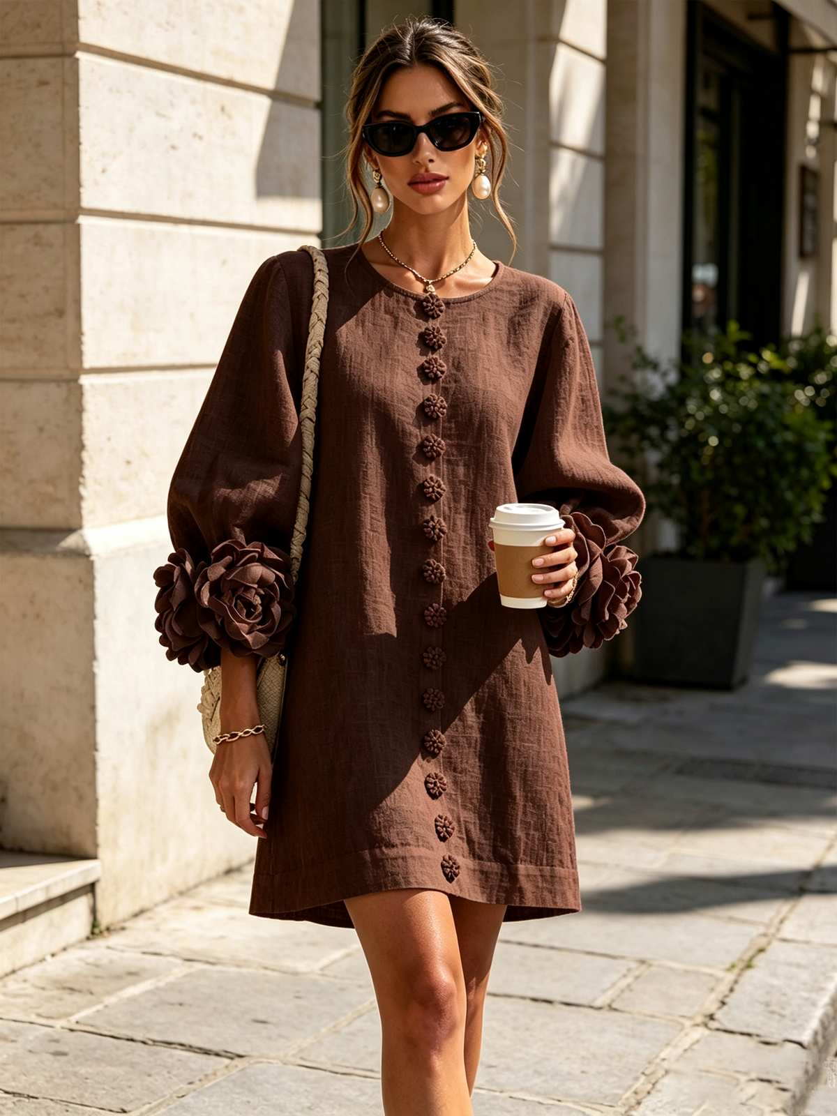 Brown dress worn outdoors on a sunny street by a model in sunglasses, carrying a coffee cup and a woven shoulder bag. 34