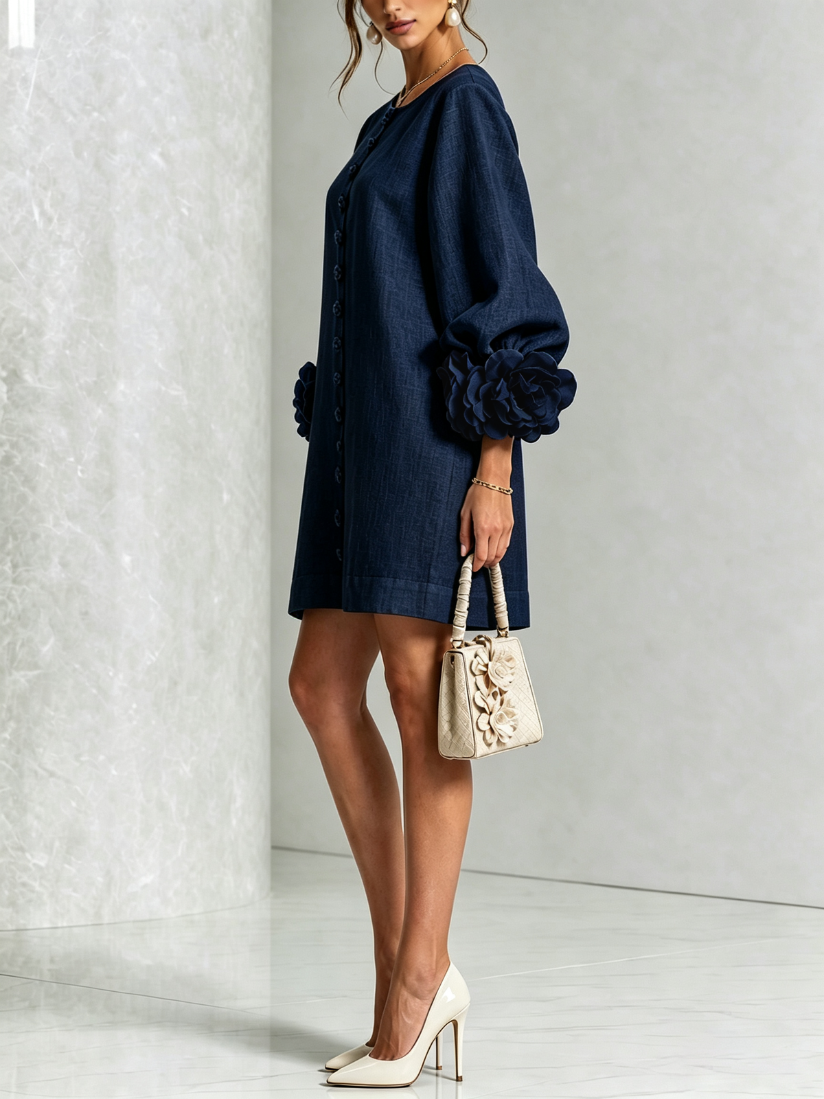 Side view of the navy dress on a model, showing the puffed sleeve and large rose cuff, with a small cream handbag. 12