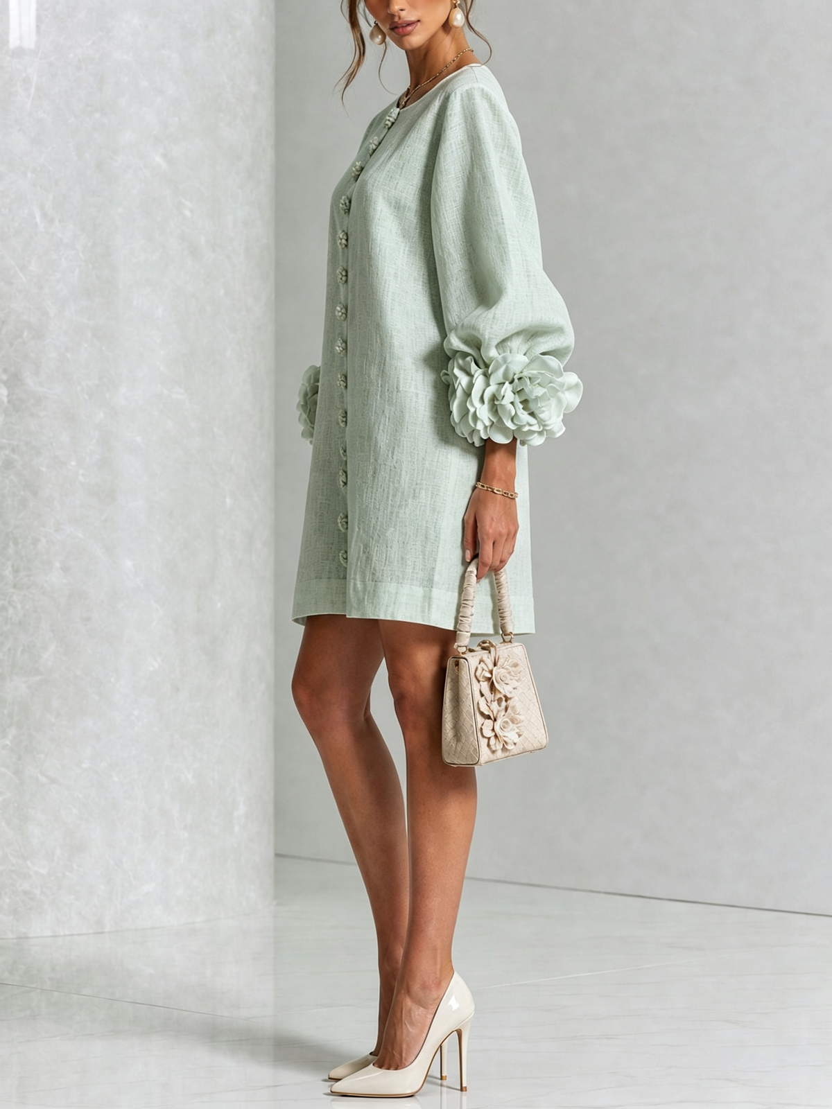 Sage green dress in side view on a model with cream heels and a small floral handbag, showing the puffed sleeve and rosette cuff. 36