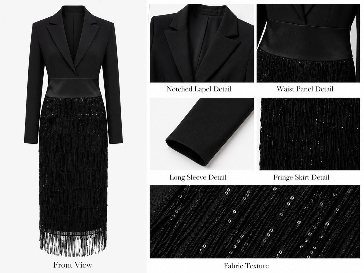 Collage with a flat front view of the black dress and close-ups of lapel, waist, sleeve and fringe 5