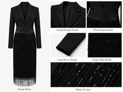Collage with a flat front view of the black dress and close-ups of lapel, waist, sleeve and fringe 5