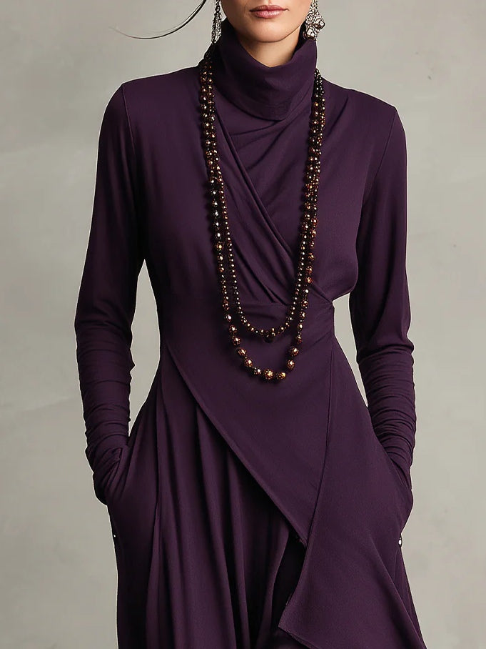 Close-up of the purple bodice with draped turtleneck, crossover front and ruched long sleeves 4