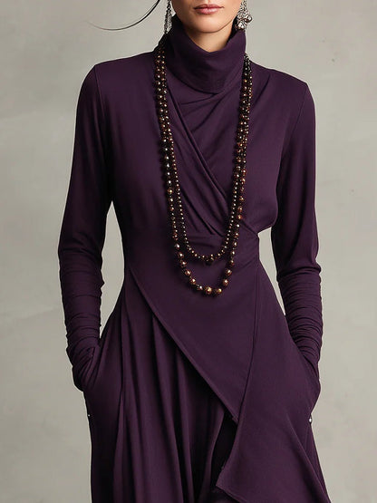 Close-up of the purple bodice with draped turtleneck, crossover front and ruched long sleeves 4