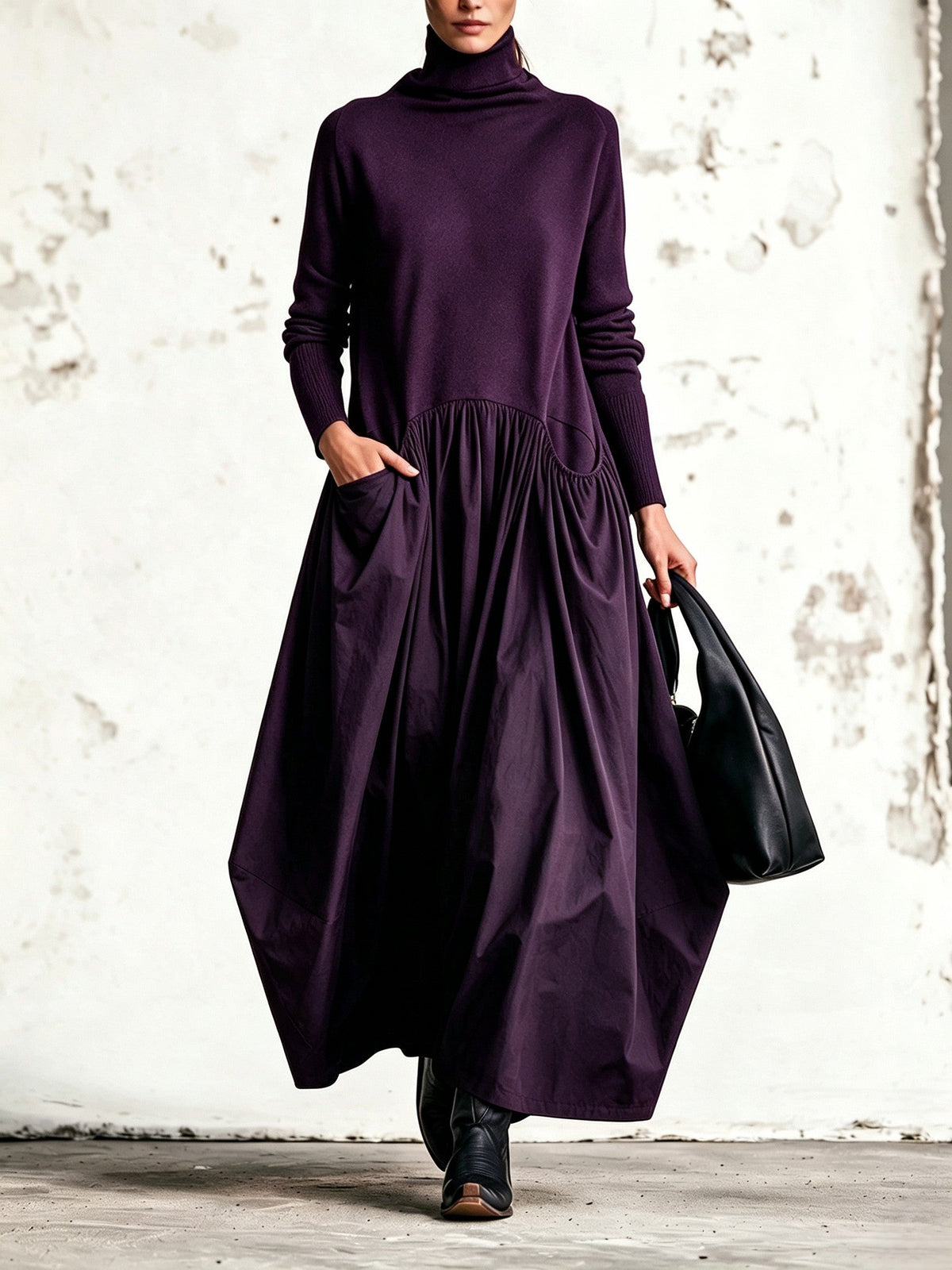 Front view of the dress in deep purple, with ribbed cuffs, gathered waist seam and side pockets 7