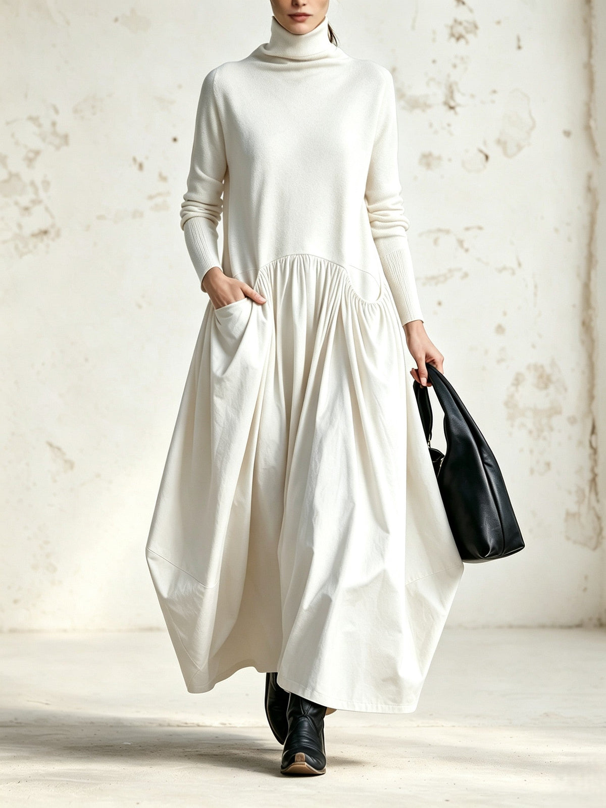 Front view of the dress in cream white, with a hand in the pocket and a black bag 5