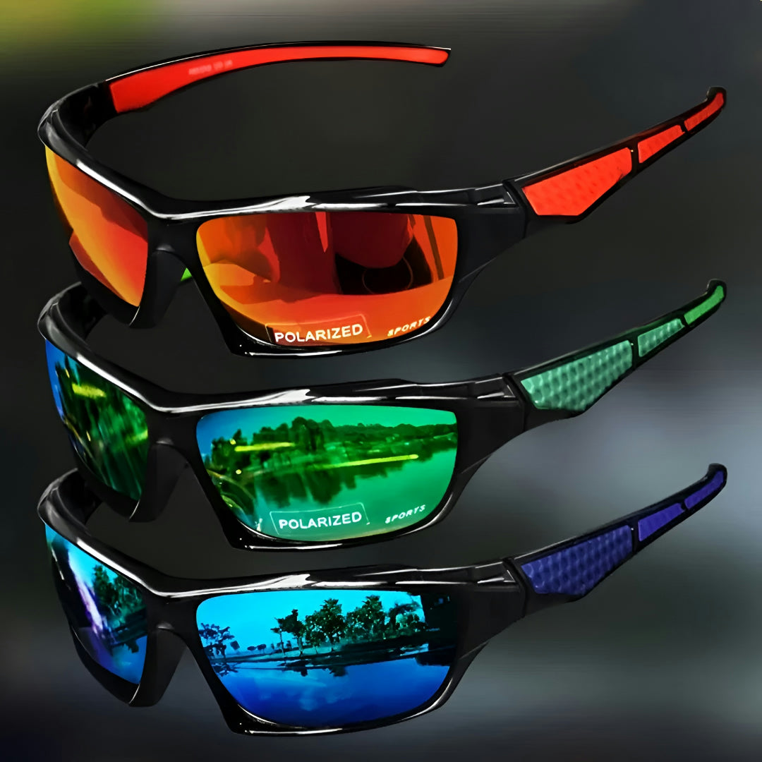 Three pairs stacked together showing red, green and blue mirrored lenses with matching coloured arm inserts 5