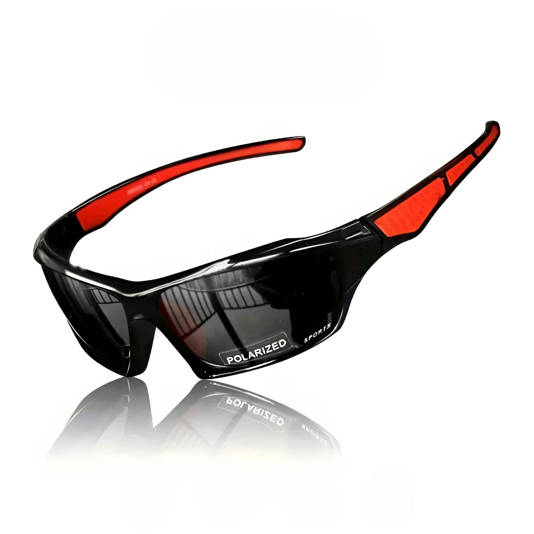Black sunglasses with dark lenses and red arm inserts on a white background with reflection 15